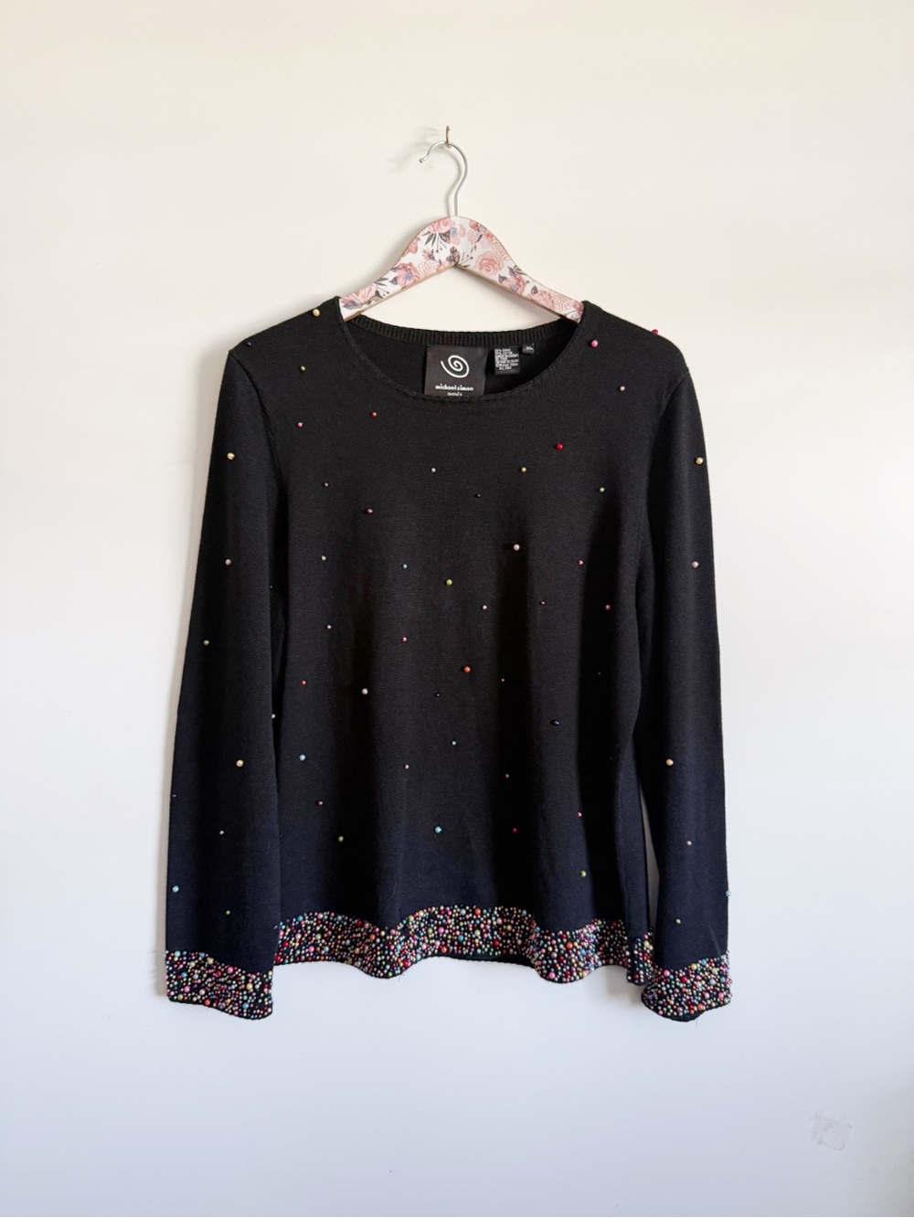 MICHAEL SIMON Event Black Round Beaded Knit Sweater XL Dot Women’s